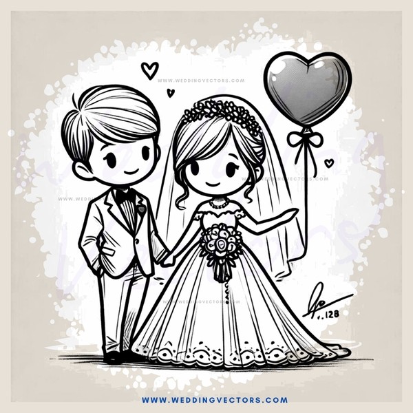 a bride and groom with an air balloon in front of them