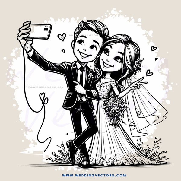 a happy couple on their wedding day taking selfies