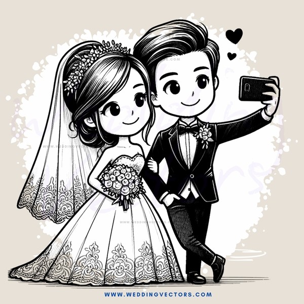 a bride and groom taking selfies