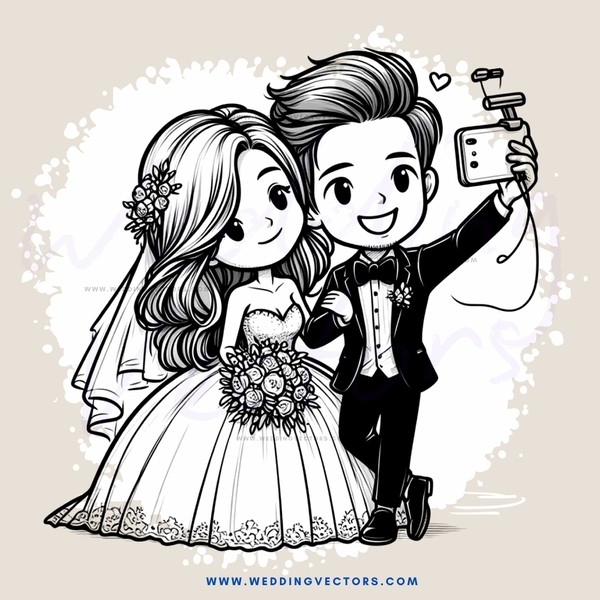 bride and groom taking picture with phone