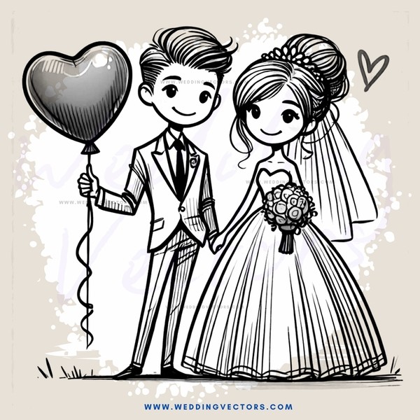a bride and groom with balloons