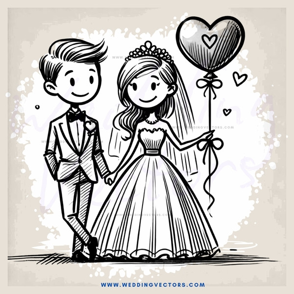 a bride and groom holding a heart shaped balloon