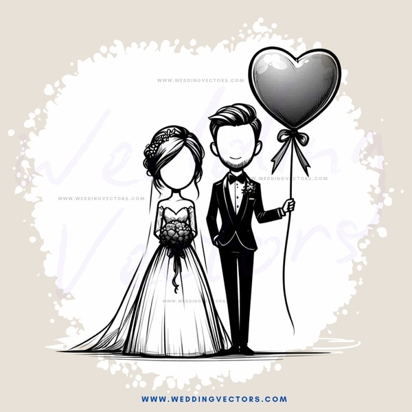 a bride and groom hold a balloon
