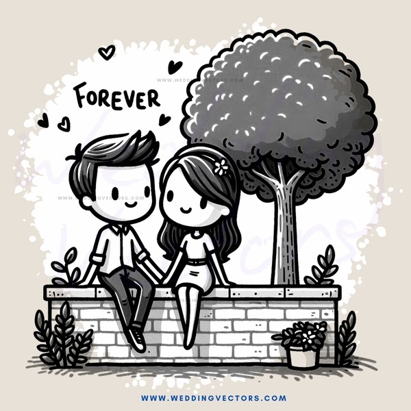 couple sitting under tree with "forever" above them