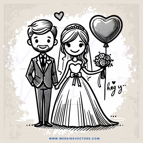 a bride and groom with heart balloons and flowers