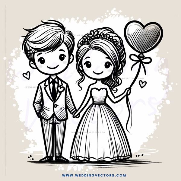 a bride and groom holding hearts and balloons