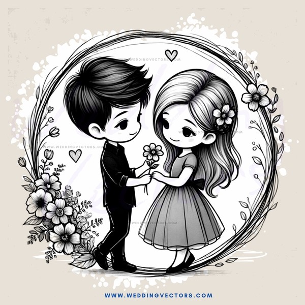 a boy and girl holding flowers in an oval frame