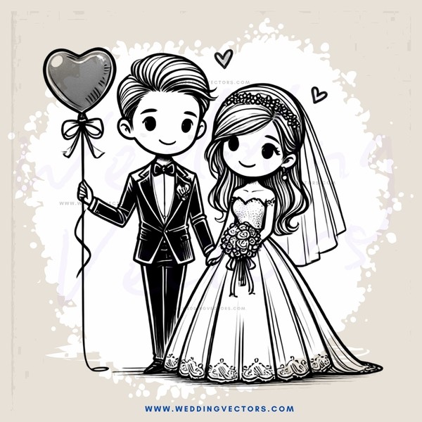 a bride and groom with heart shaped balloons
