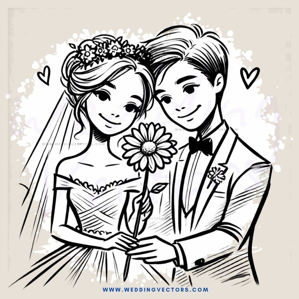 a bride and groom with a flower in hand