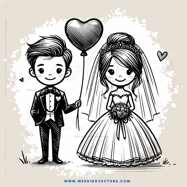 bride and groom with balloon heart