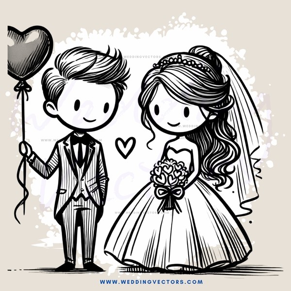a bride and groom holding heart balloons