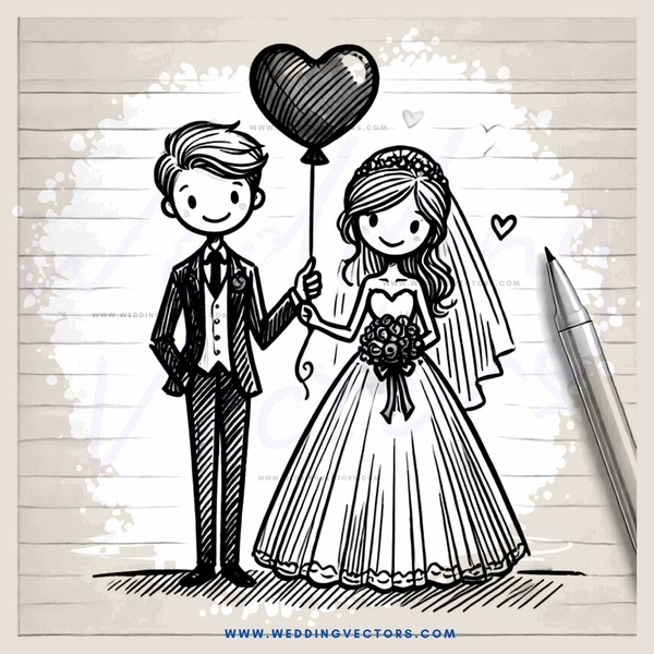 cartoon wedding couple and balloon