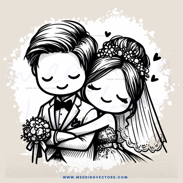cartoon newlyweds hugging on a beach