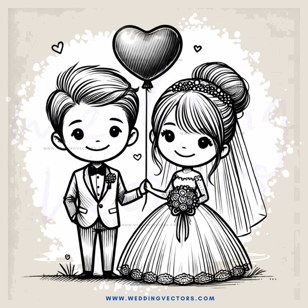 a bride and groom with heart balloons