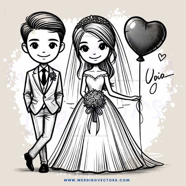a bride and groom with balloons