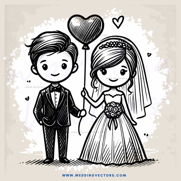 a bride and groom posing together with a balloon heart floating above them