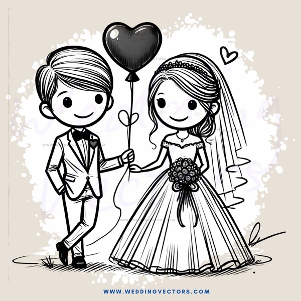 engaged couple in black and white cartoon illustration