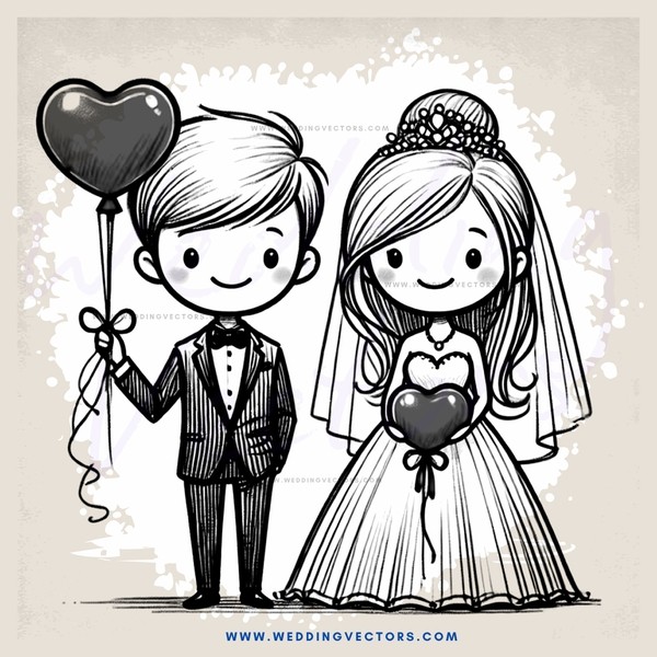 wedding bride and groom posing for camera with heart balloon