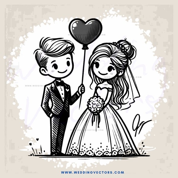 a bride and groom with a heart balloon