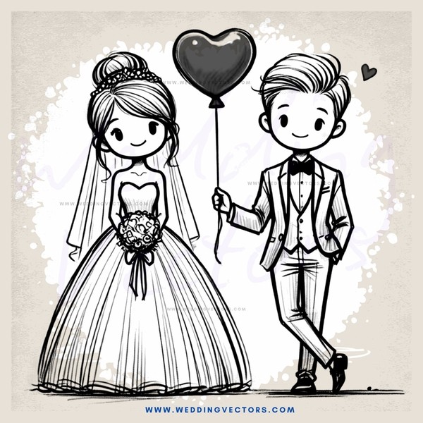 a bride and groom with balloons