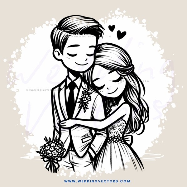 a couple hugging with flowers and hearts above them