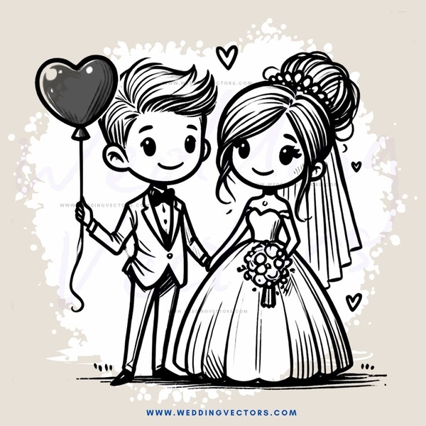 a bride and groom with a balloon