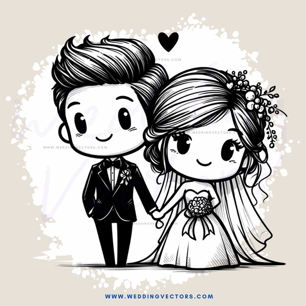 a bride and groom in wedding attire