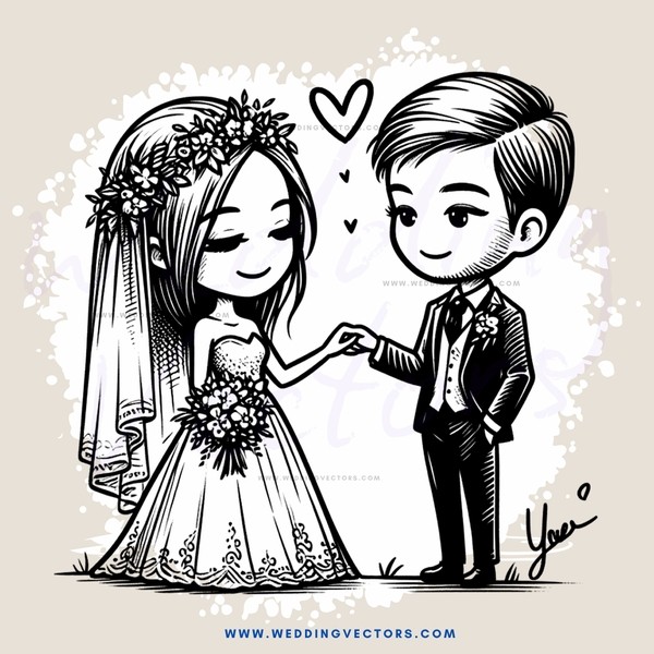 a bride and groom hugging in an illustration