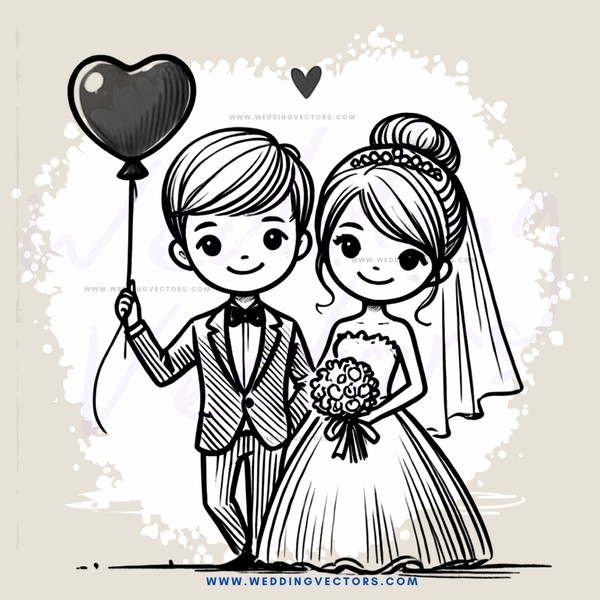 a bride and groom with balloons