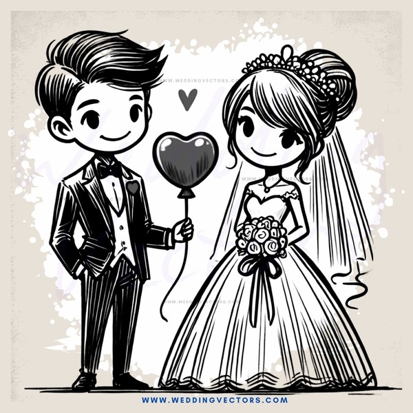 a bride and groom in black and white illustration