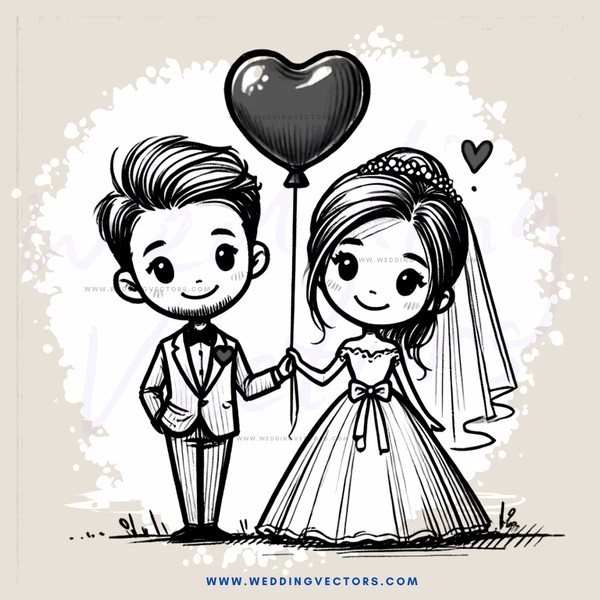 a bride and groom with balloon heart
