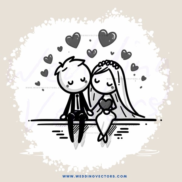 a heartwarming cartoon scene of a bride and groom