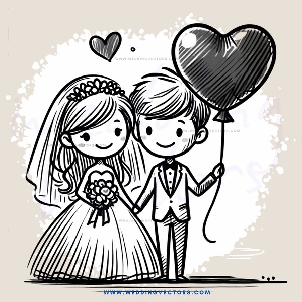 a bride and groom holding balloons