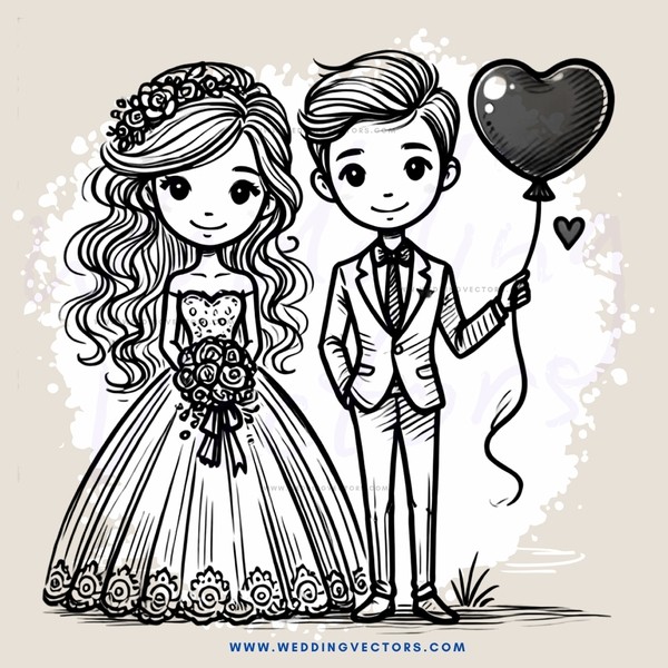 a bride and groom with a heart balloon