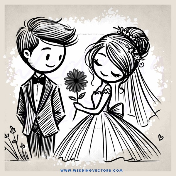 a bride and groom in an illustrated picture
