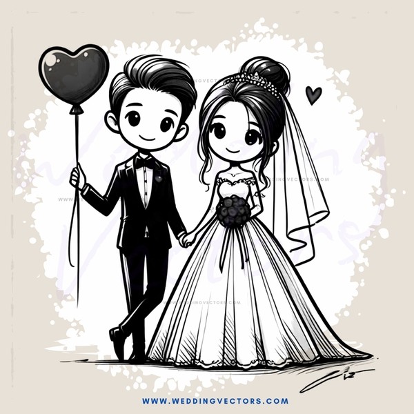 a bride and groom with a heart balloon