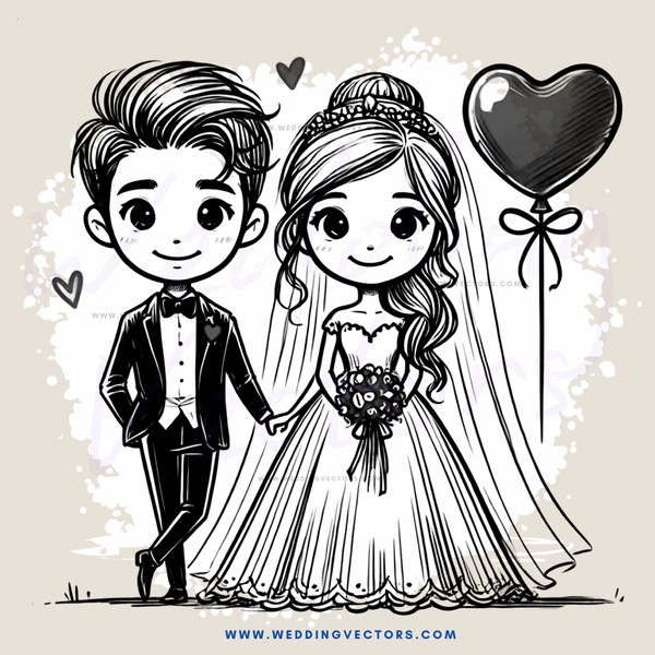 wedding couple posing with heart and balloon
