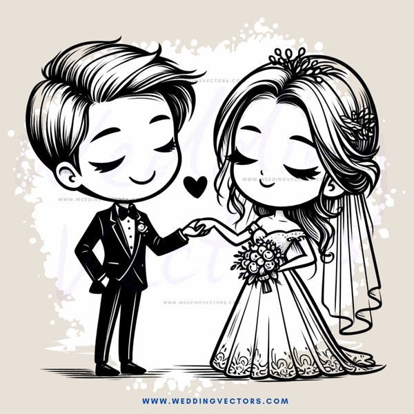 a bride and groom with hearts for eyes