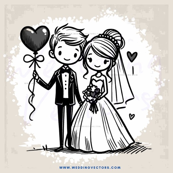 a bride and groom hold hands in front of an airborne balloon