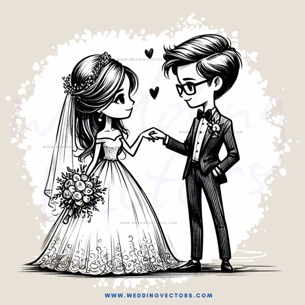 a bride and groom holding hands in black and white