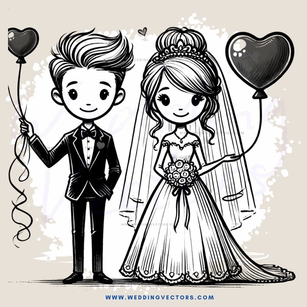 wedding cartoon in black and white with hearts