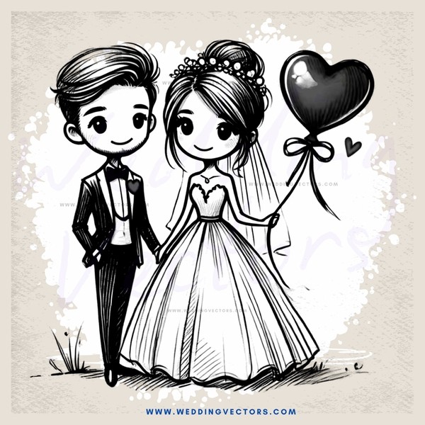 a bride and groom holding a heart balloon