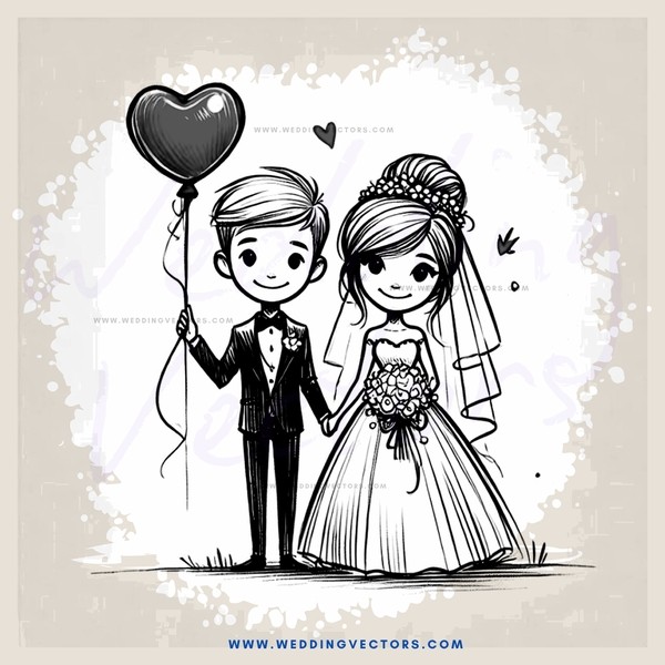 a bride and groom holding hands with an airborne balloon heart