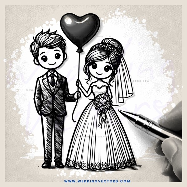 a couple holding hands and a heart balloon with an ink pen drawing