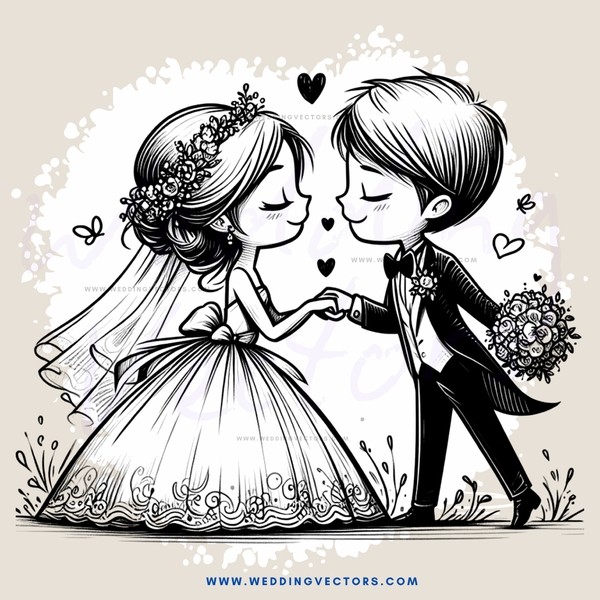 a bride and groom in wedding attire