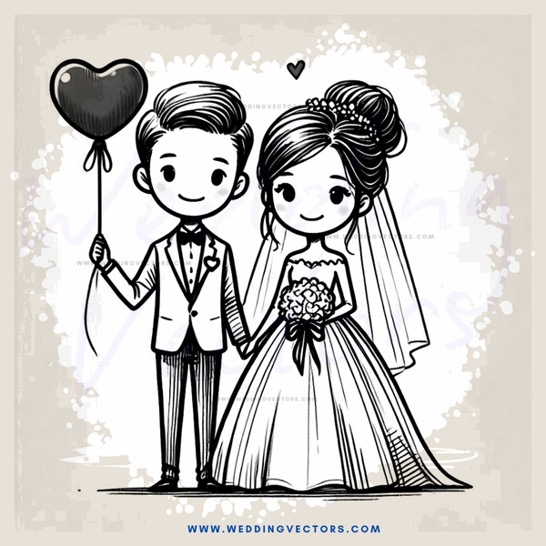 wedding comics page with heart and balloon
