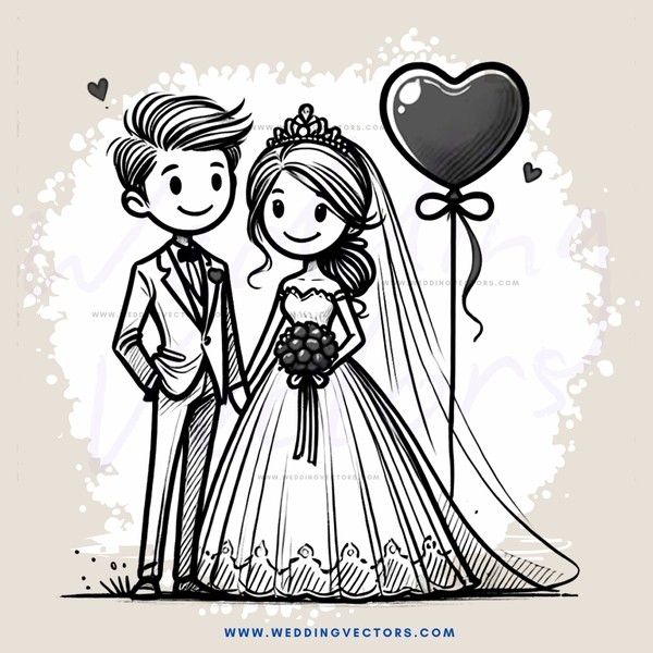 a bride and groom with balloons