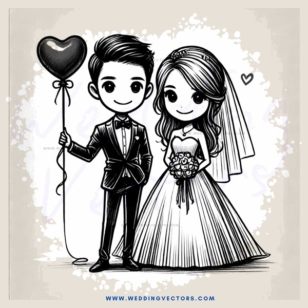 wedding bride and groom in black and white cartoon