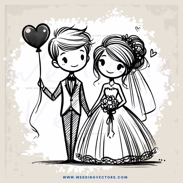 a bride and groom with balloon heart