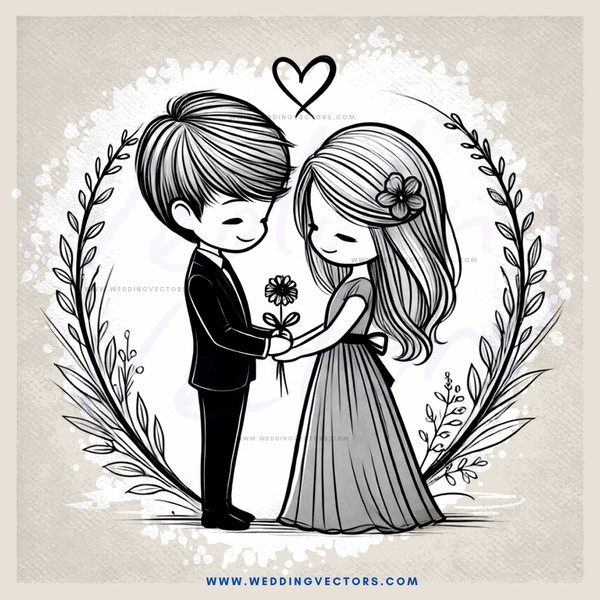 a boy and girl standing together in wedding attire